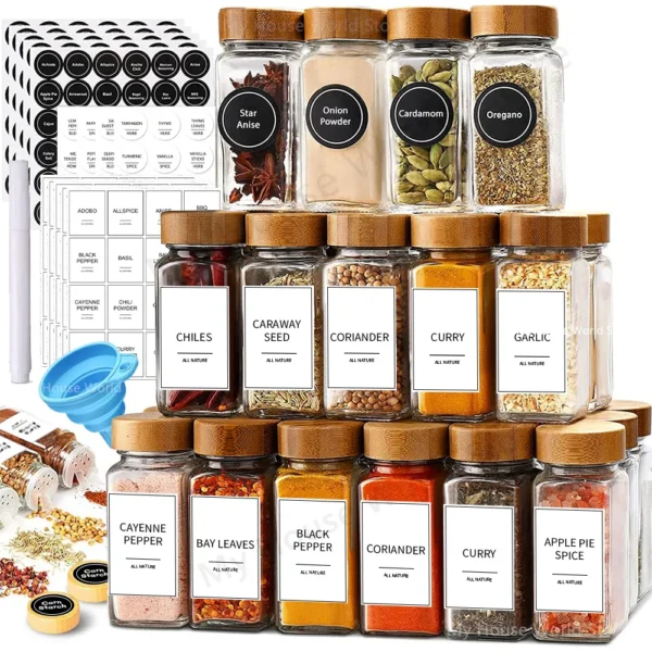 Gewürzgläser mit Bambusdeckel 13er Set - Elegante Glasdosen für Gewürze mit Etiketten