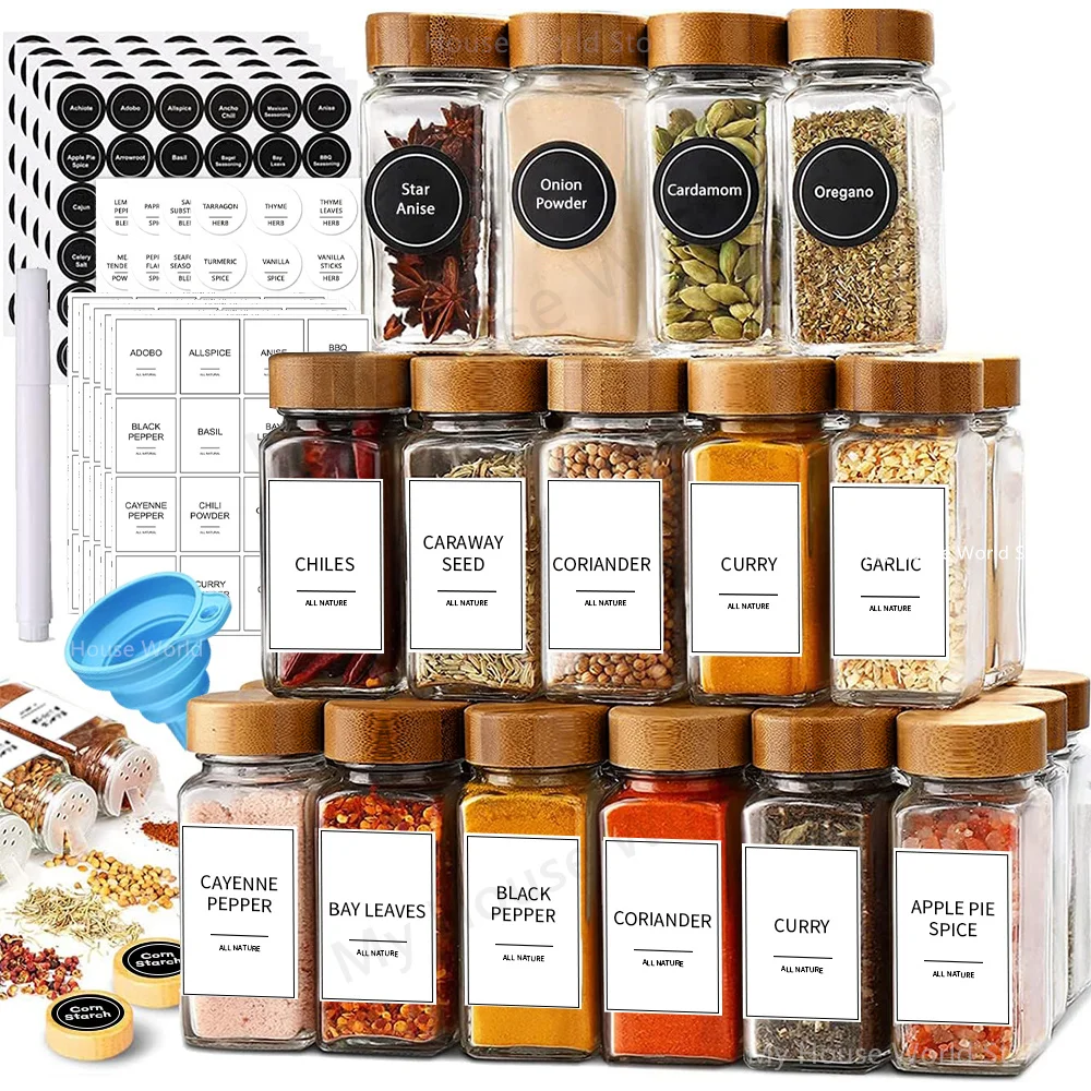 Gewürzgläser mit Bambusdeckel 13er Set - Elegante Glasdosen für Gewürze mit Etiketten