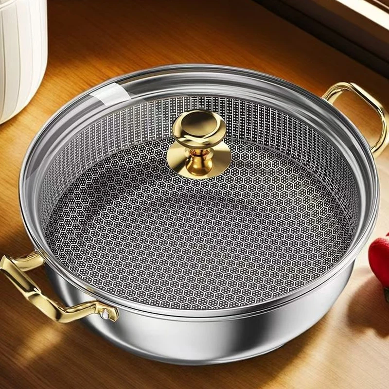 Edelstahl Wok-Pfanne 30cm mit Wabenboden - Antihaft Suppentopf mit Glasdeckel für Induktion & Gas